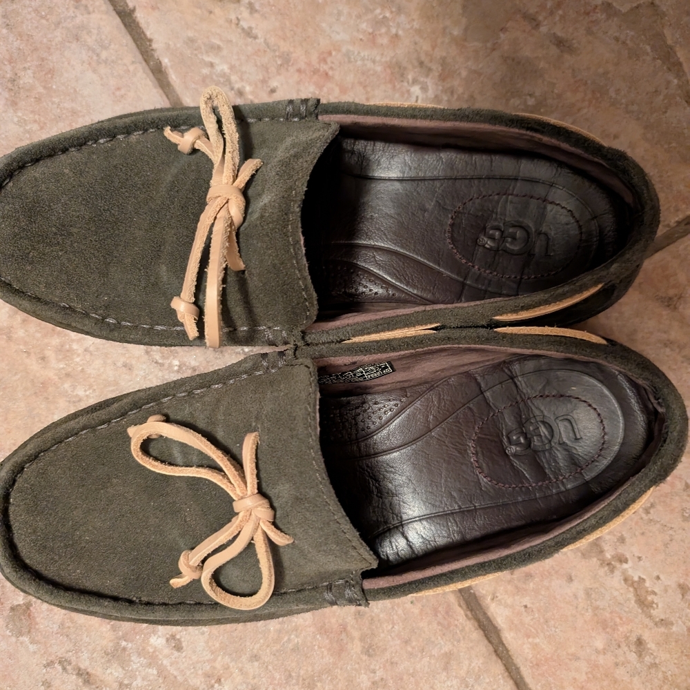 UGG Green and Tan Suede Slip-On Loafers